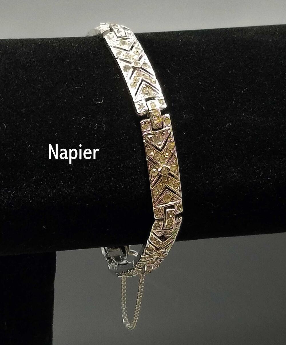 Vintage Napier Rhinestone Geometric Bracelet, Safety Chain, 1960s, 7"